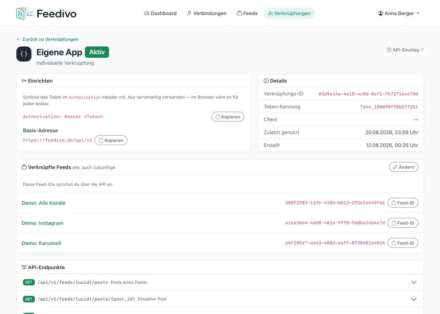 Die API-Verknüpfung in Feedivo: Token-Präfix, Basis-URL und die Feeds, auf die der Zugriff reicht