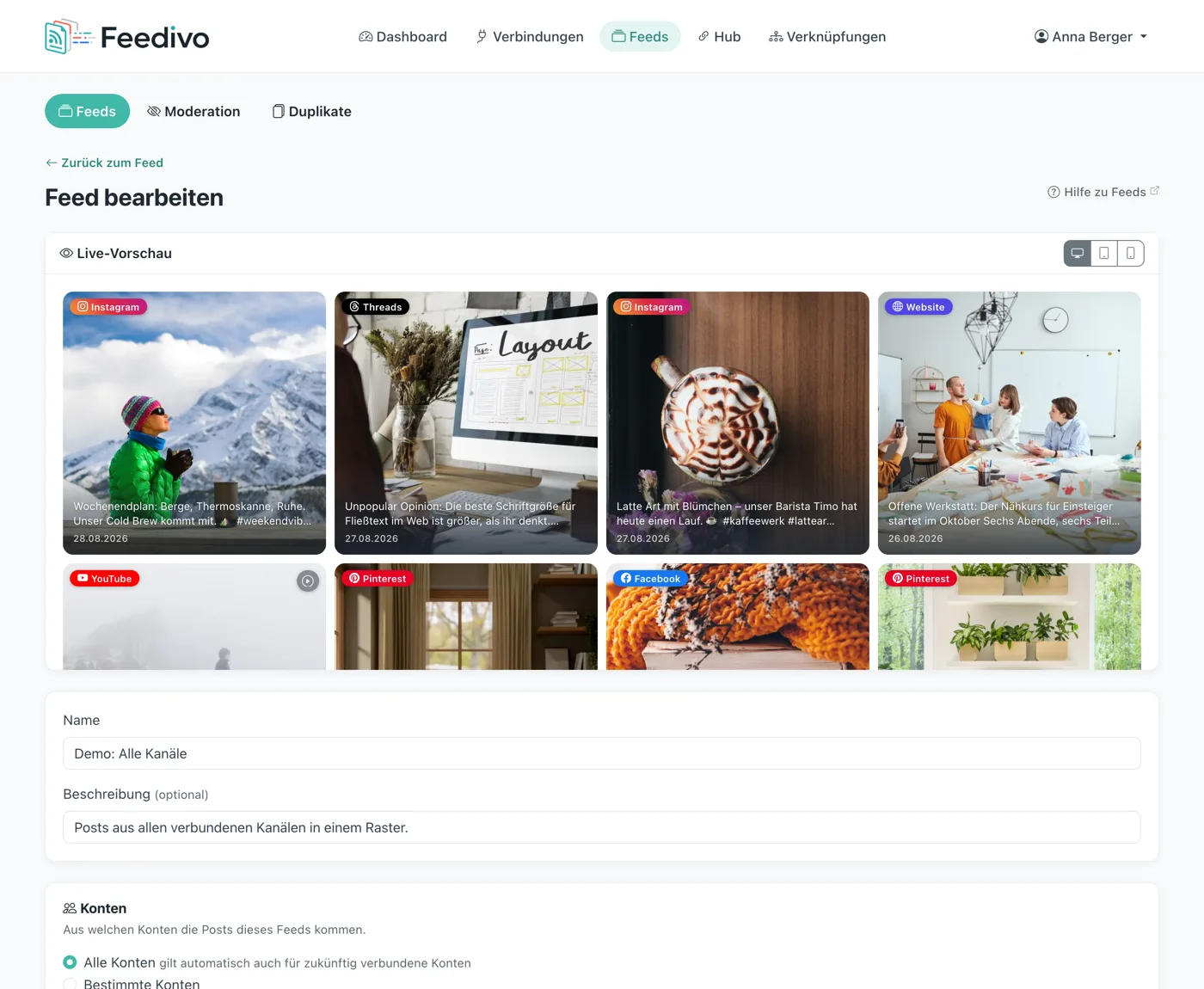Der Feedivo-Feed-Baukasten mit Live-Vorschau der eigenen Posts