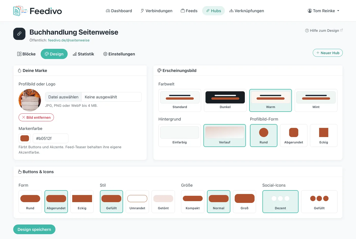 Der Design-Tab mit den Karten „Deine Marke“, „Erscheinungsbild“ und „Buttons & Icons“