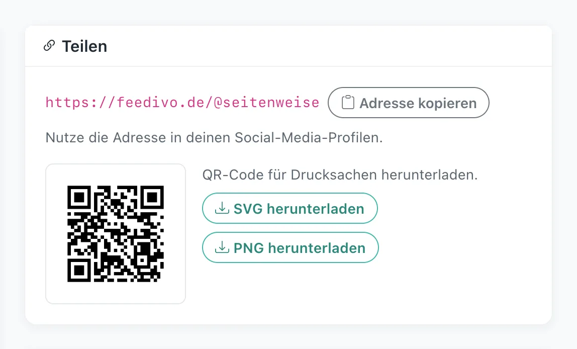 Die Karte „Teilen“ mit der Hub-Adresse, dem Knopf „Adresse kopieren“ und dem QR-Code samt SVG- und PNG-Download