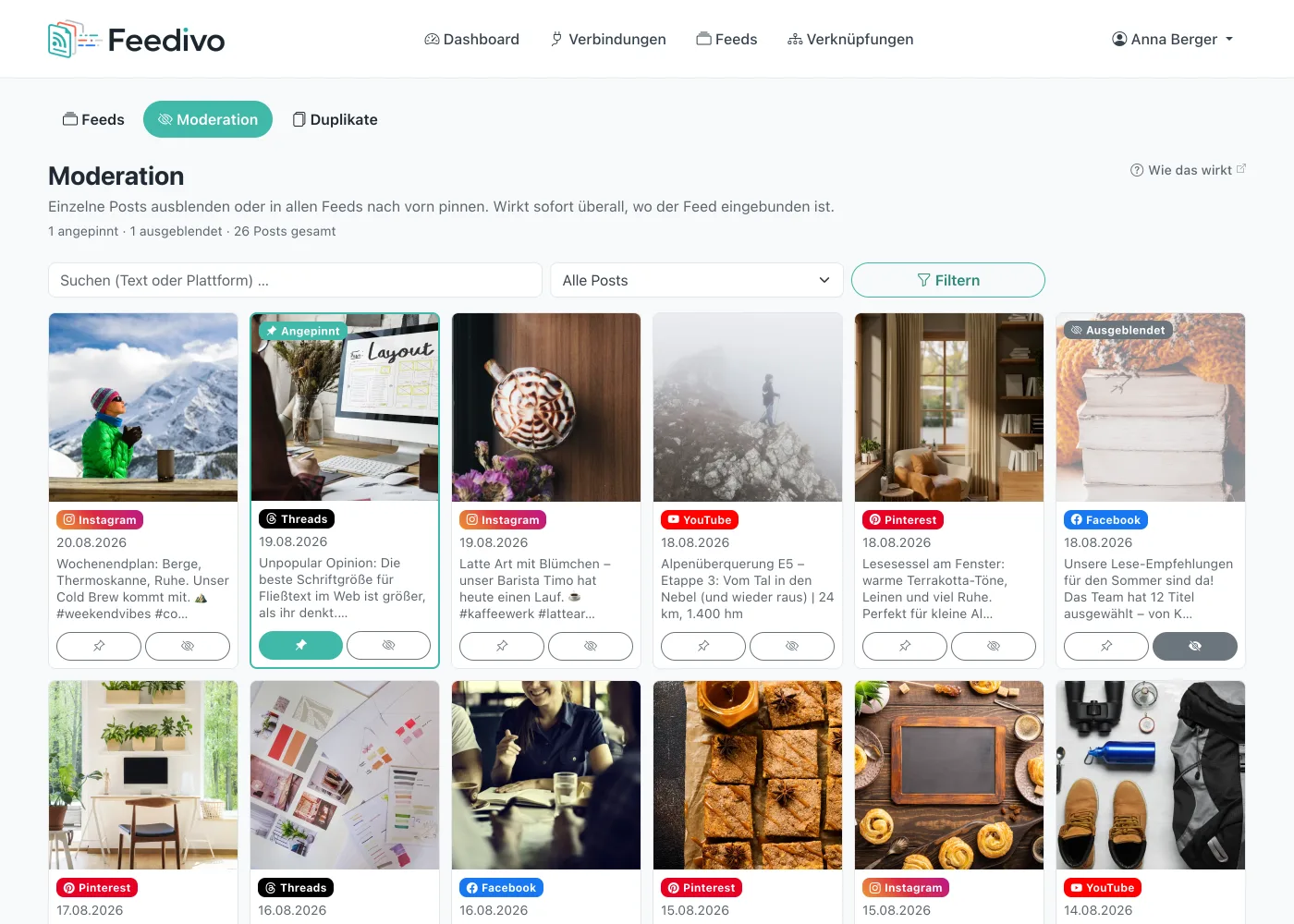 Die Moderationsansicht: alle Posts als Raster, je Kachel ein Knopf zum Anpinnen und einer zum Ausblenden