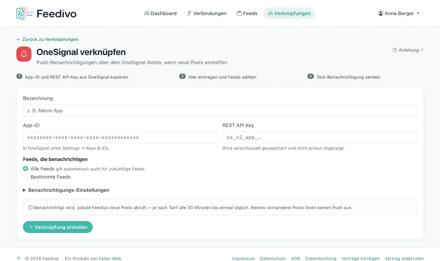 Das Formular „OneSignal verknüpfen“: Bezeichnung, App-ID, REST API Key und die Auswahl der Feeds
