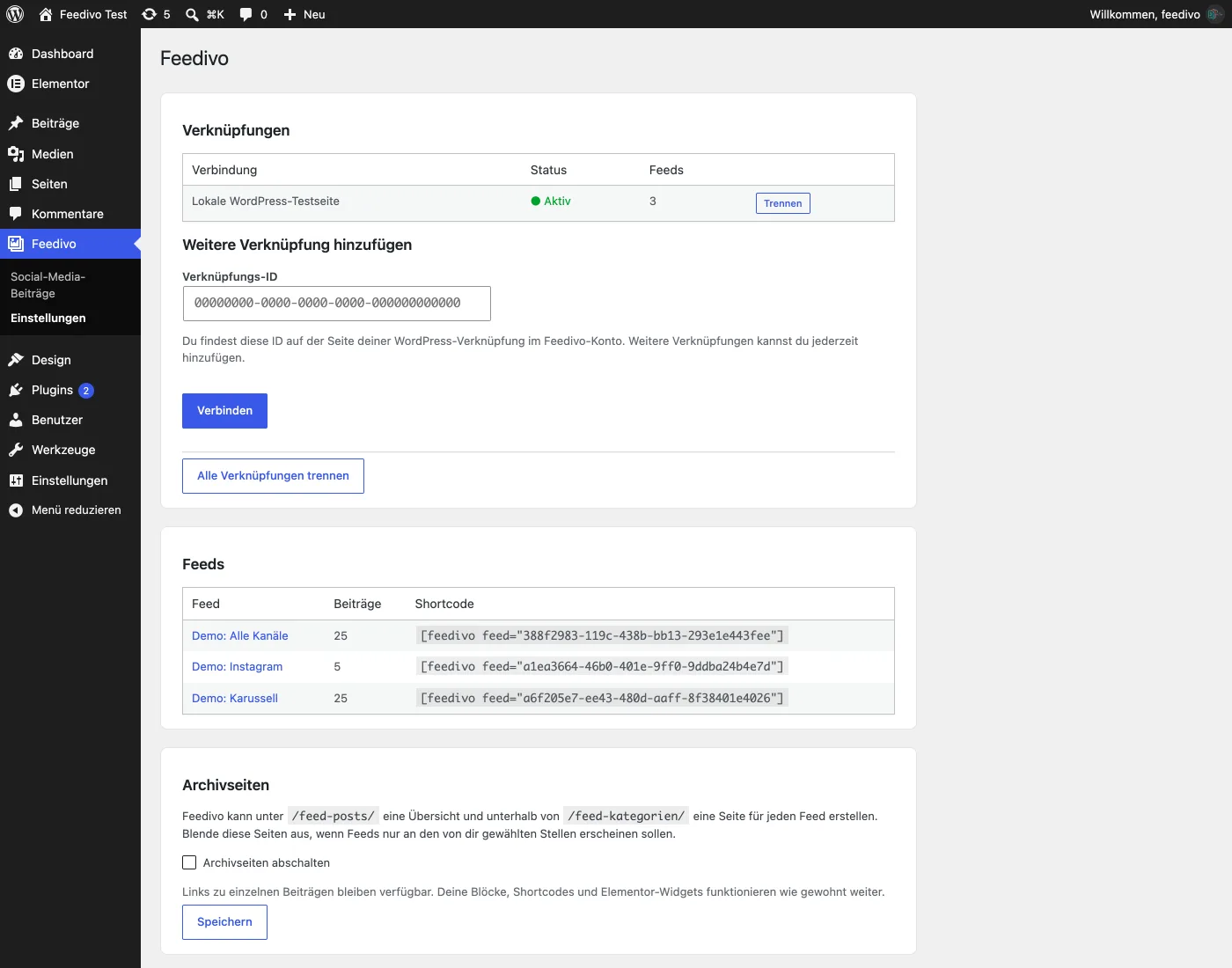 Die Feedivo-Einstellungen in WordPress: die verbundene Verknüpfung, die übernommenen Feeds samt Shortcode und der Schalter für die Archivseiten