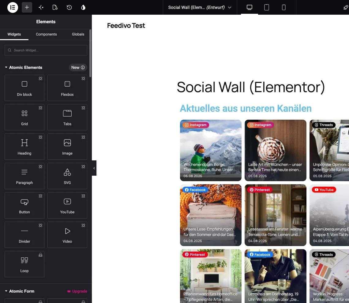 Das Feedivo-Widget in Elementor: über die Widget-Suche gefunden, der Feed erscheint sofort in der Vorschau