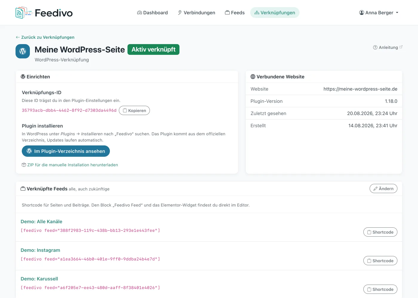 Die WordPress-Verknüpfung in Feedivo: Verknüpfungs-ID, der Weg ins Plugin-Verzeichnis, die verbundene Website samt Plugin-Version und die Shortcodes der verknüpften Feeds