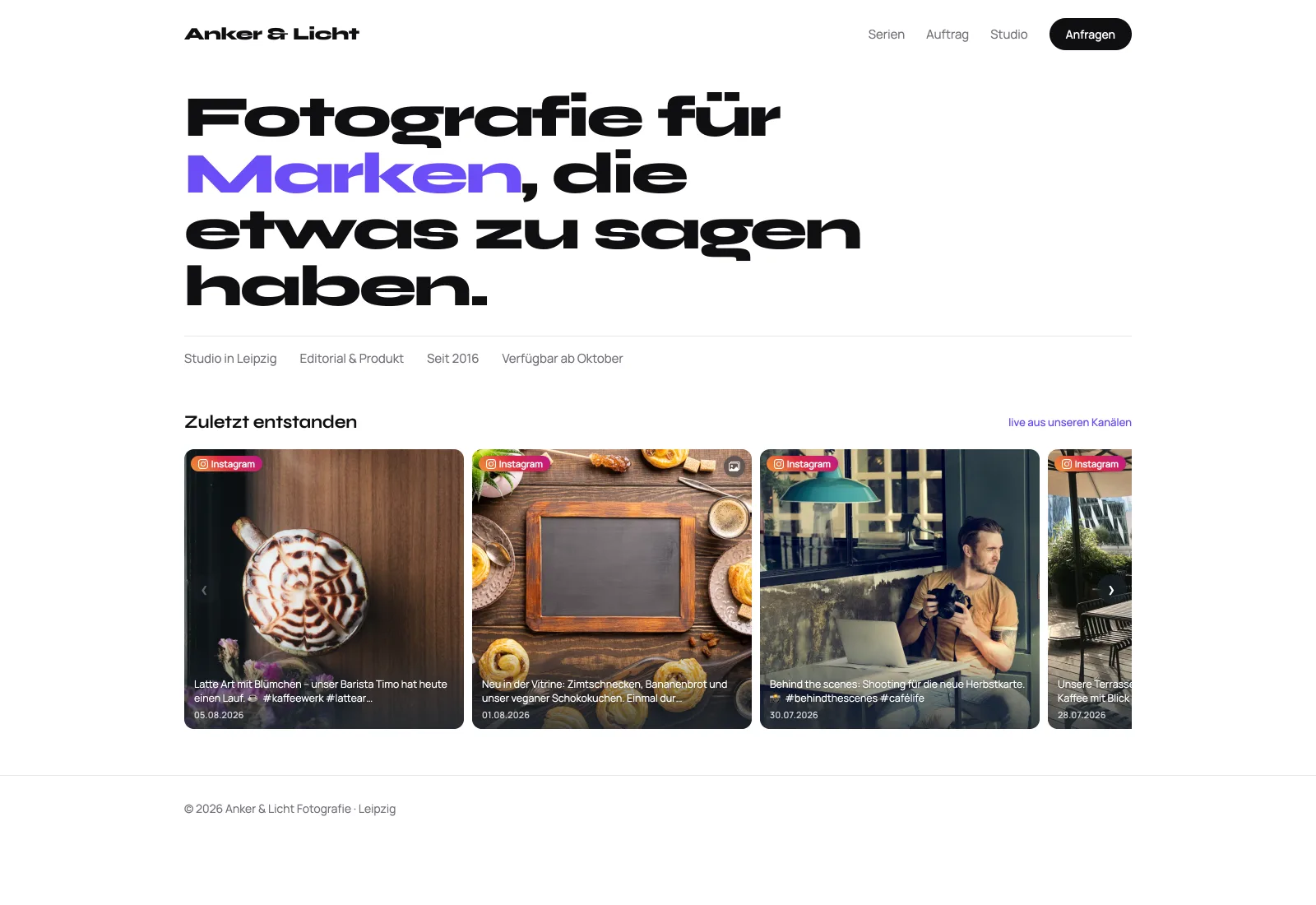 Startseite eines fiktiven Fotostudios mit einem Feedivo-Feed als Karussell unter der Überschrift
