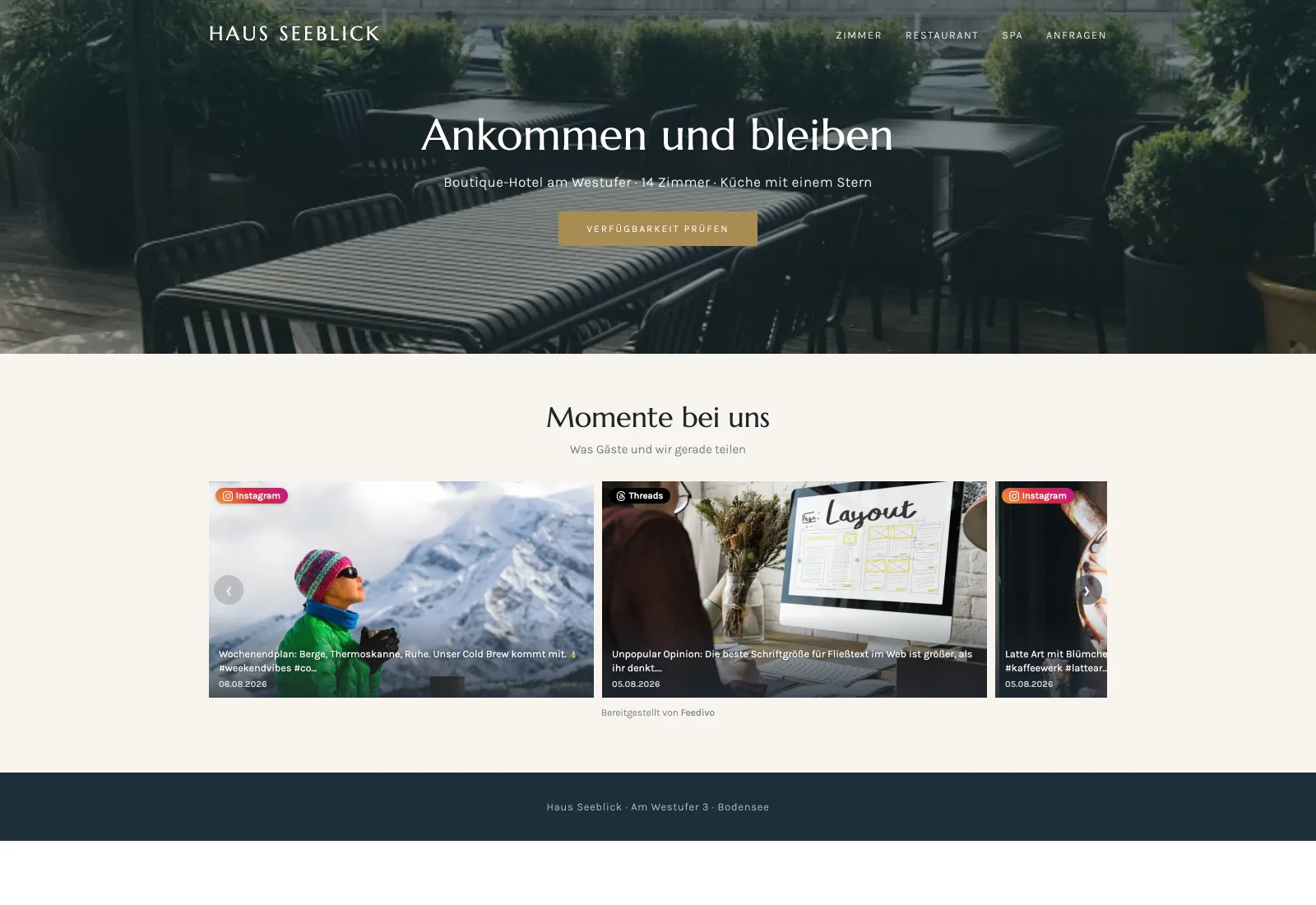 Startseite eines fiktiven Boutique-Hotels mit einem Feedivo-Feed als Karussell