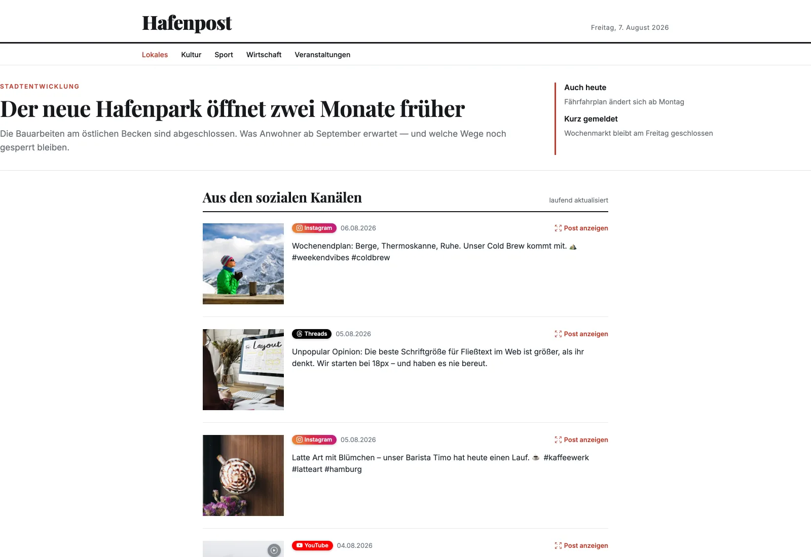 Startseite einer fiktiven Lokalzeitung mit einem Feedivo-Feed als Liste unter dem Aufmacher