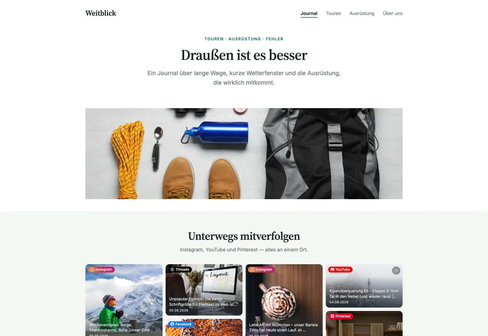 Startseite eines fiktiven Reise-Journals mit einem Feedivo-Feed aus mehreren Social-Media-Kanälen im Masonry-Layout