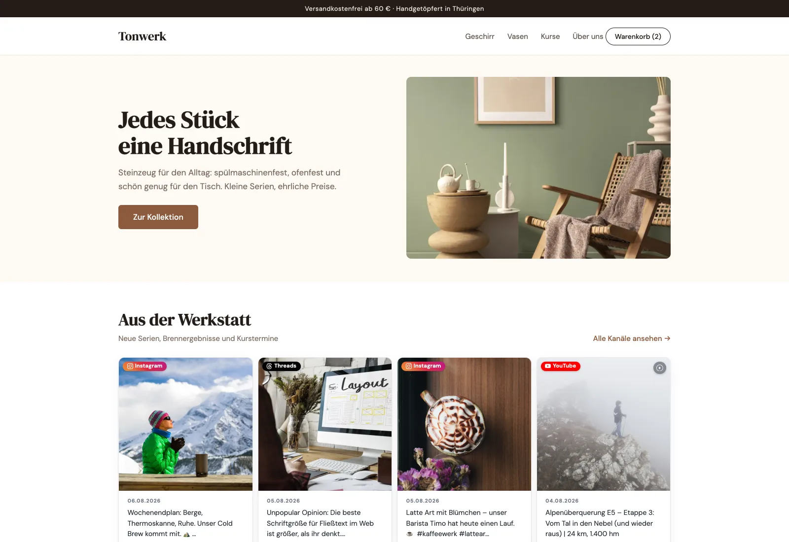 Startseite eines fiktiven Keramik-Onlineshops mit einem Feedivo-Feed als Kartenreihe