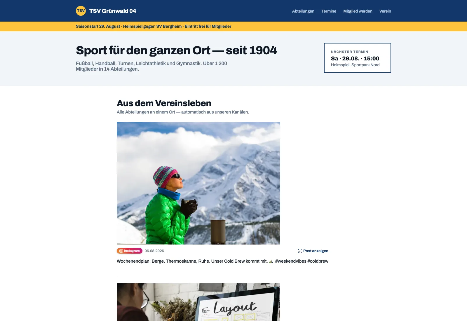 Startseite eines fiktiven Sportvereins mit einem Feedivo-Feed unter der Begrüßung