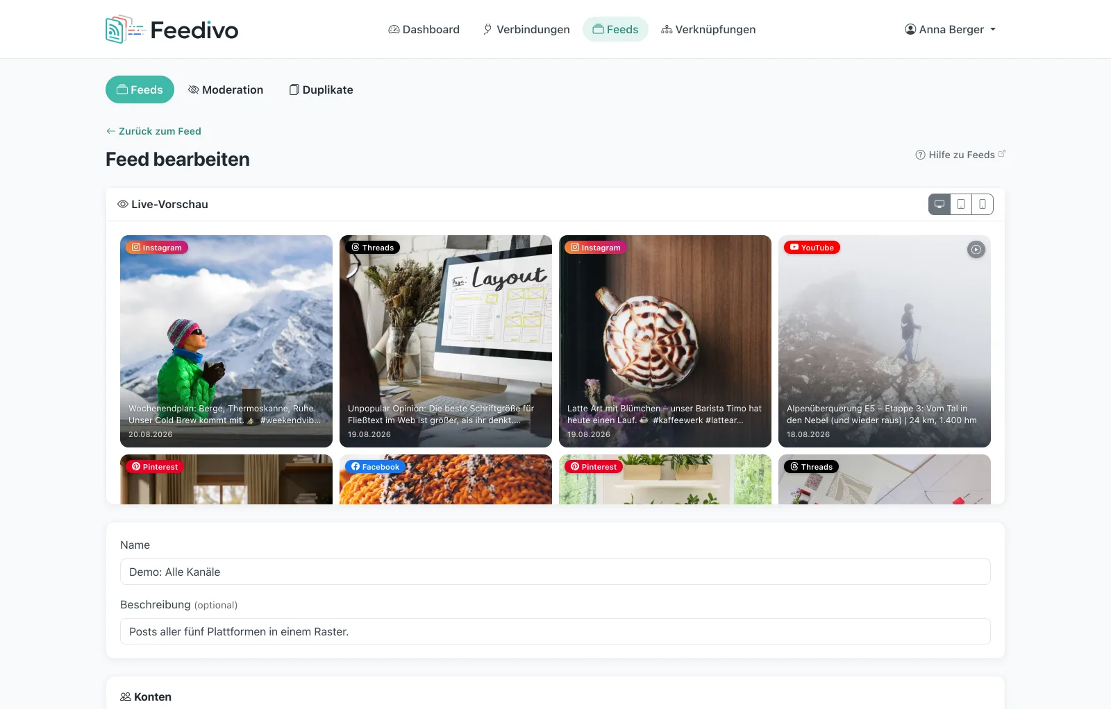 Der Feedivo Feed-Builder mit Live-Vorschau eines Multi-Plattform-Feeds