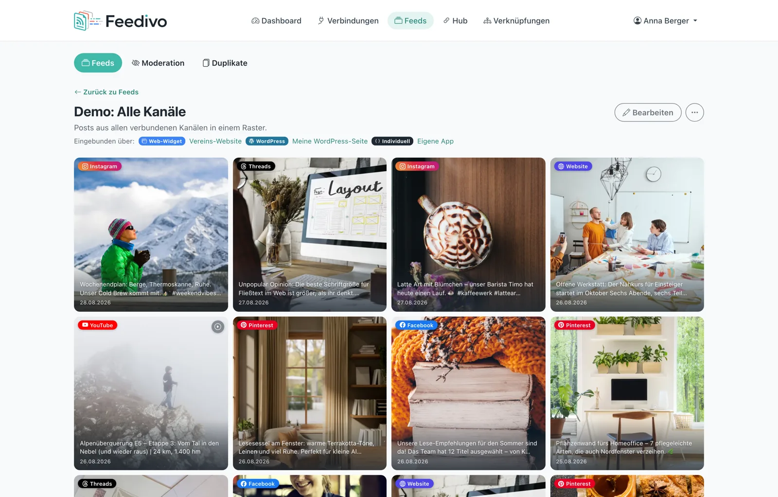 Ein fertiger Multi-Plattform-Feed in Feedivo, wie ihn das WordPress-Plugin ausliefert